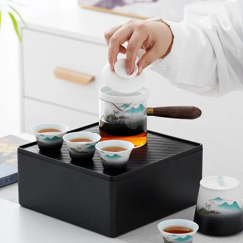 Draagbare Japanse keramische theeset met draagtas – theepot 300 ml en 4 kopjes