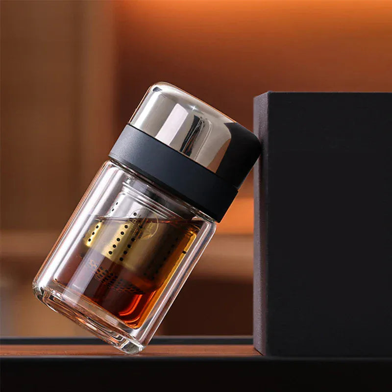 Dubbelwandige glazen theefles met infuser