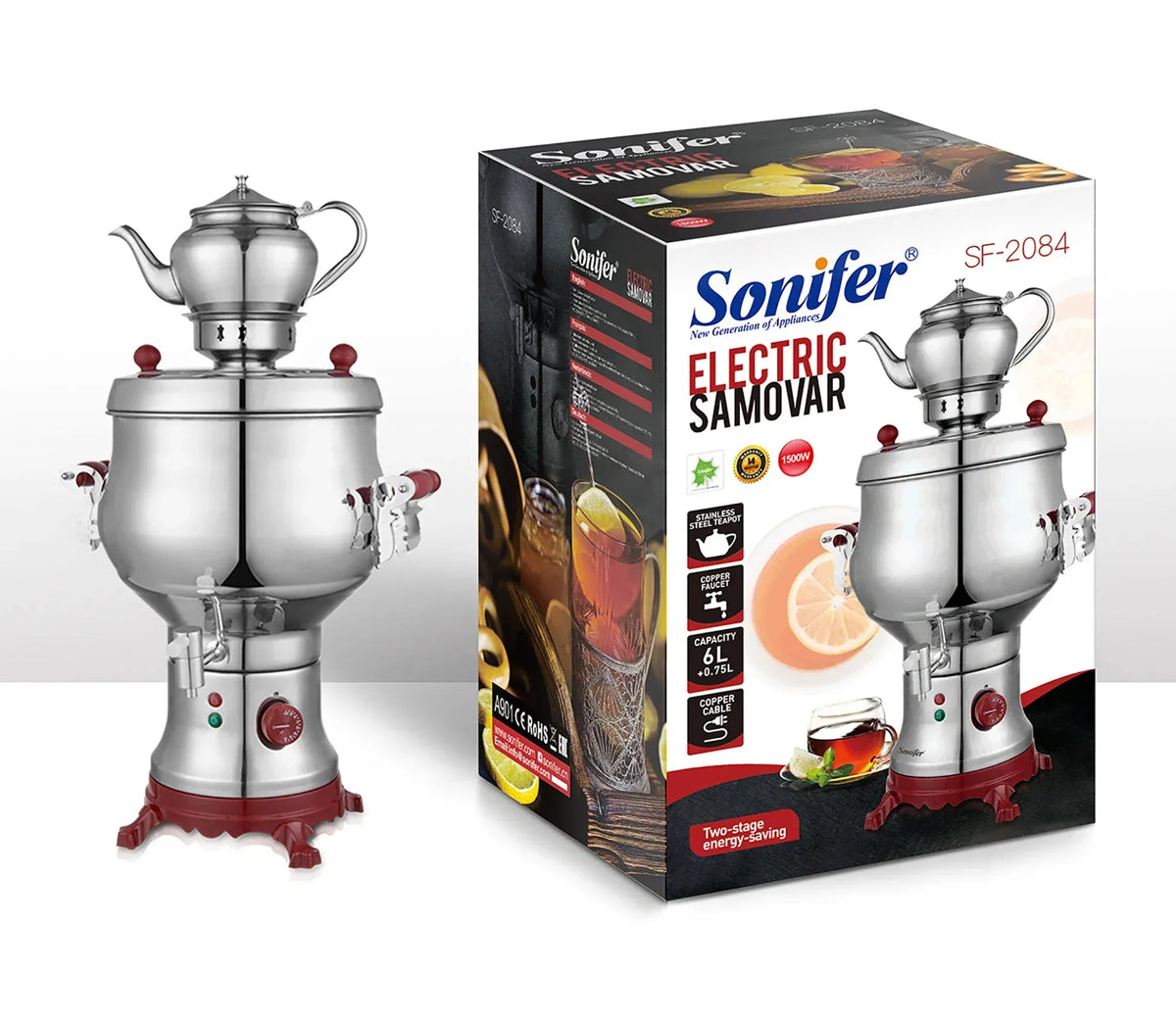 Elektrische samovar 6 liter met theepot van 750 ml