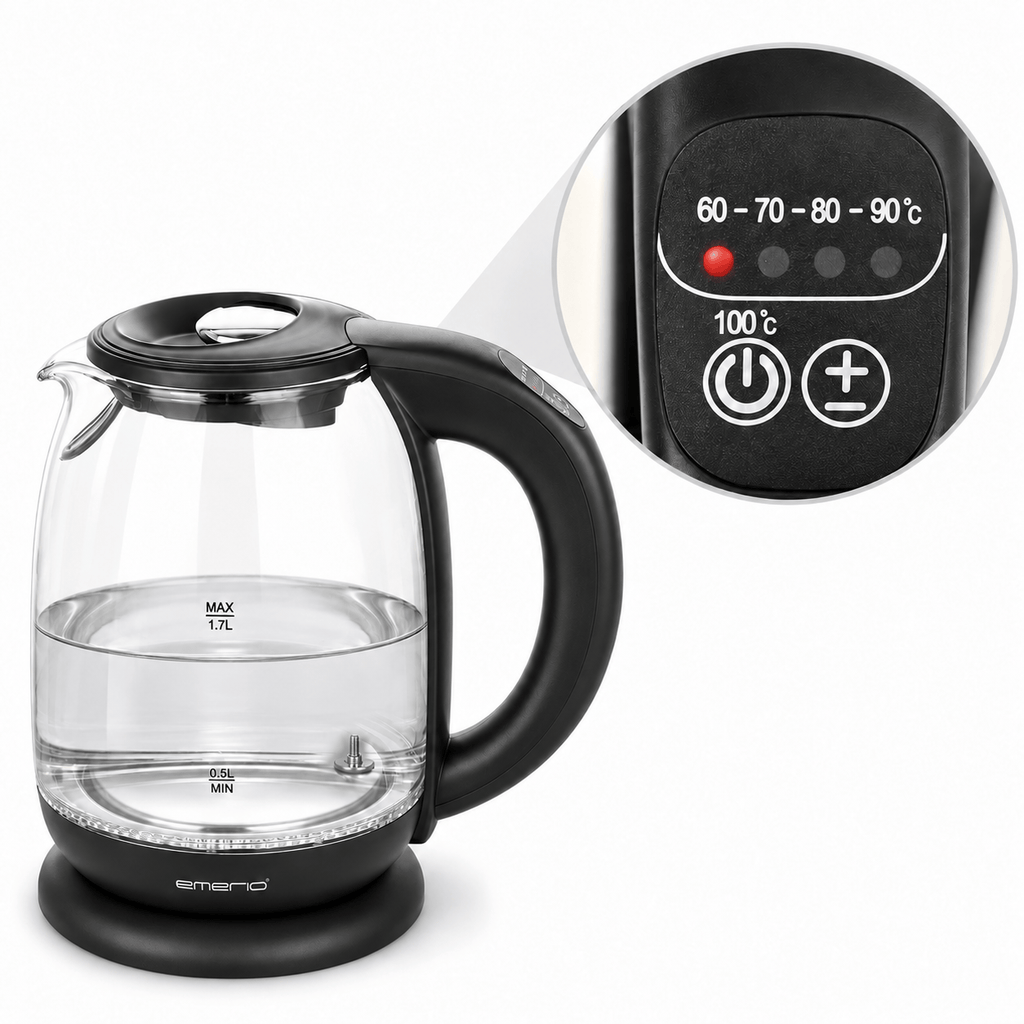 Emerio glazen waterkoker 1,7 liter – 5 temperatuurstanden