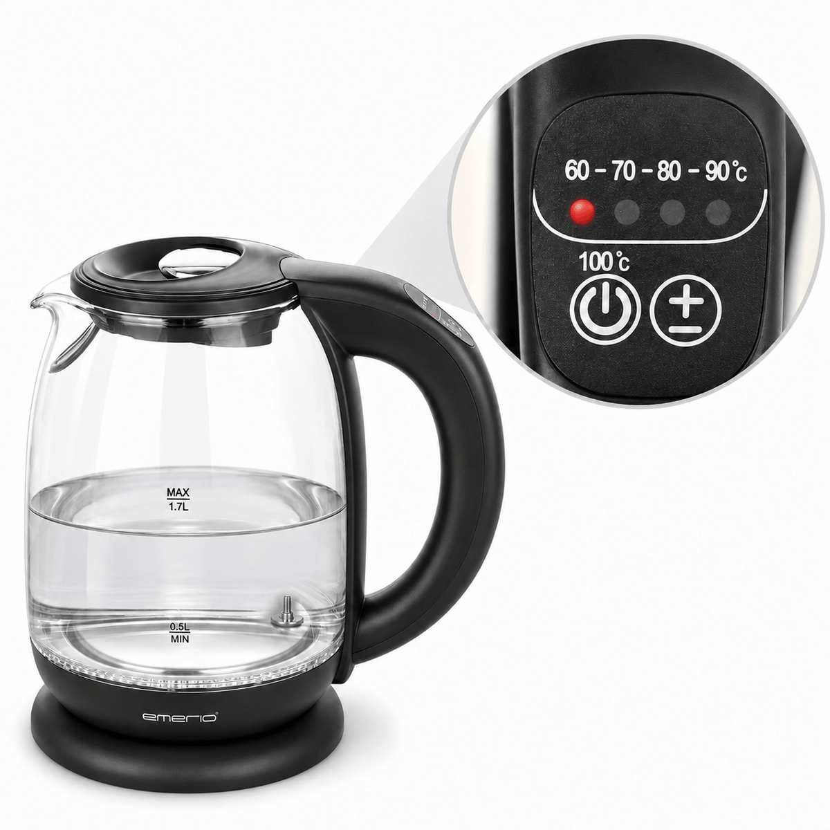 Emerio WK-119255.5 glazen waterkoker 1,7 liter – 5 temperatuurstanden