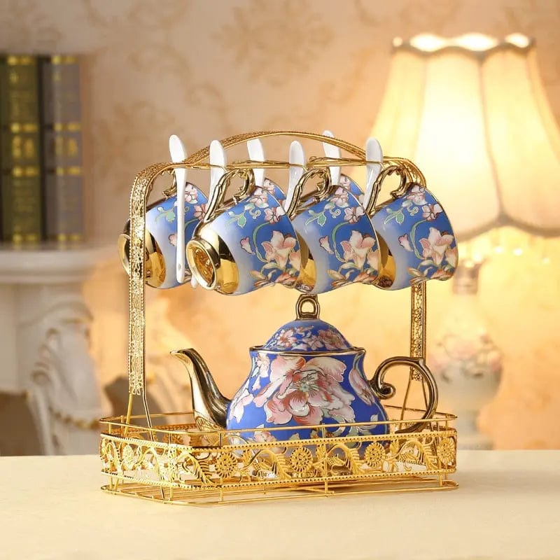 Engels blauw en goud porseleinen theeservies