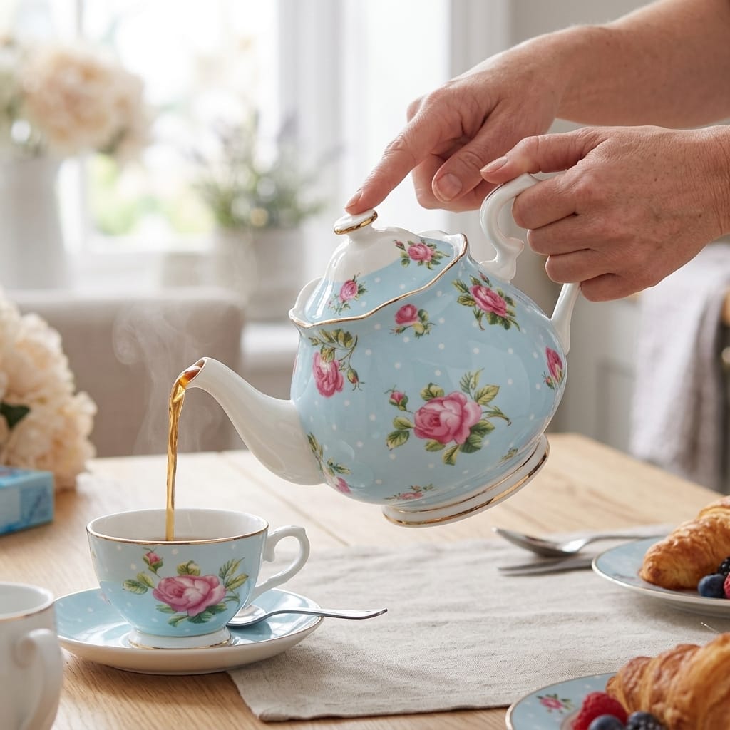 Engelse porseleinen theepot 1L met blauwe stippen en gouden rand