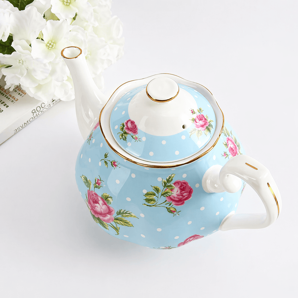 Engelse porseleinen theepot 1L met blauwe stippen en gouden rand