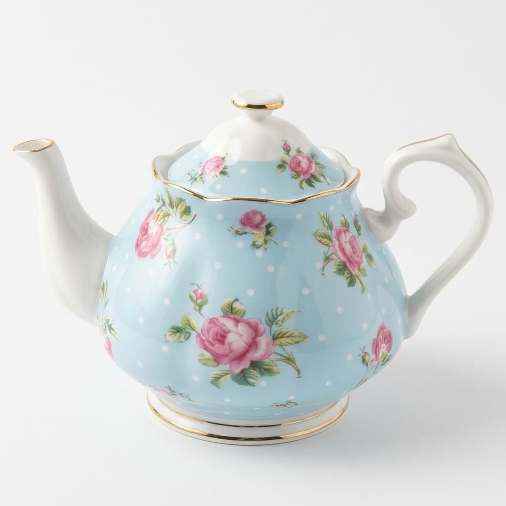 Engelse porseleinen theepot 1L met blauwe stippen en gouden rand