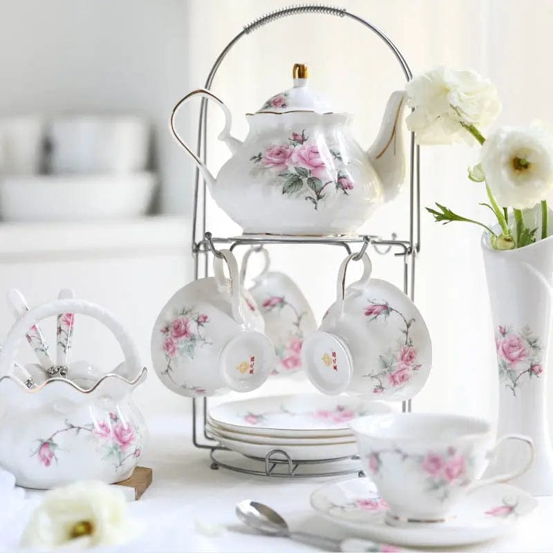 Engelse porseleinen theeset met cameliabloemen – theepot 500 ml en 4 kopjes