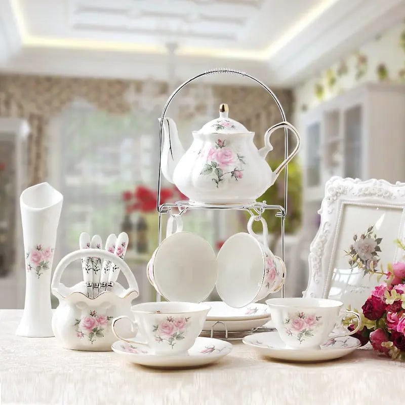 Engelse porseleinen theeset met cameliabloemen – theepot 500 ml en 4 kopjes