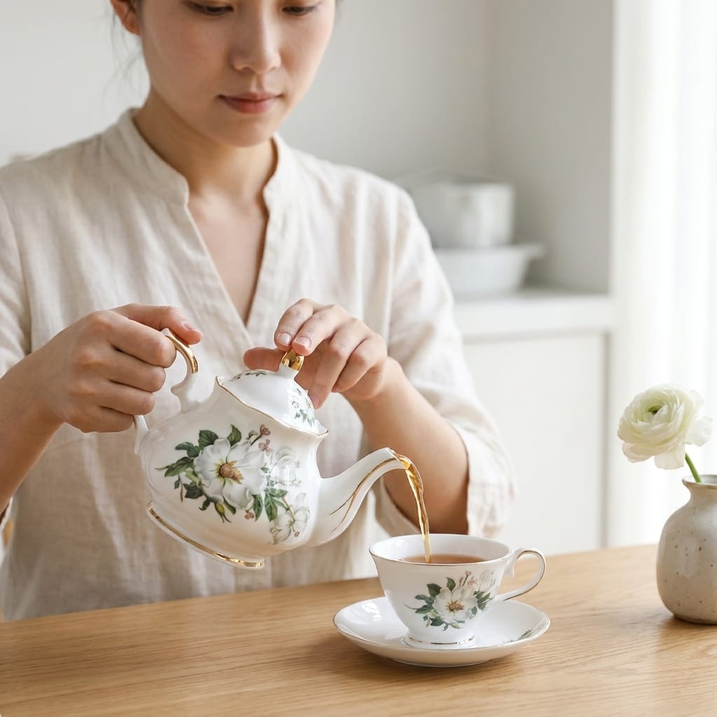 Engelse porseleinen theeset met witte bloemen – theepot 500 ml en 4 kopjes