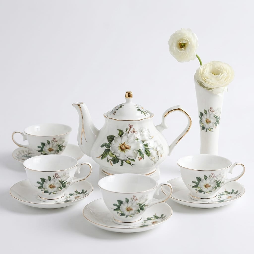 Engelse porseleinen theeset met witte bloemen – theepot 500 ml en 4 kopjes