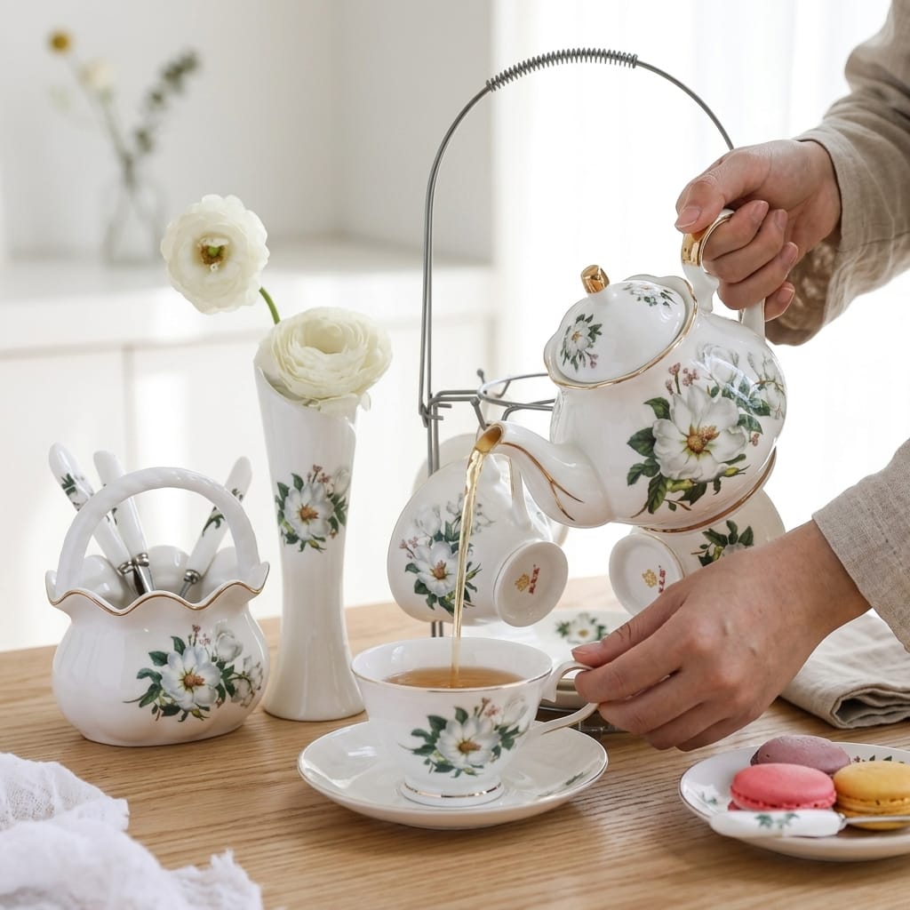 Engelse porseleinen theeset met witte bloemen – theepot 500 ml en 4 kopjes