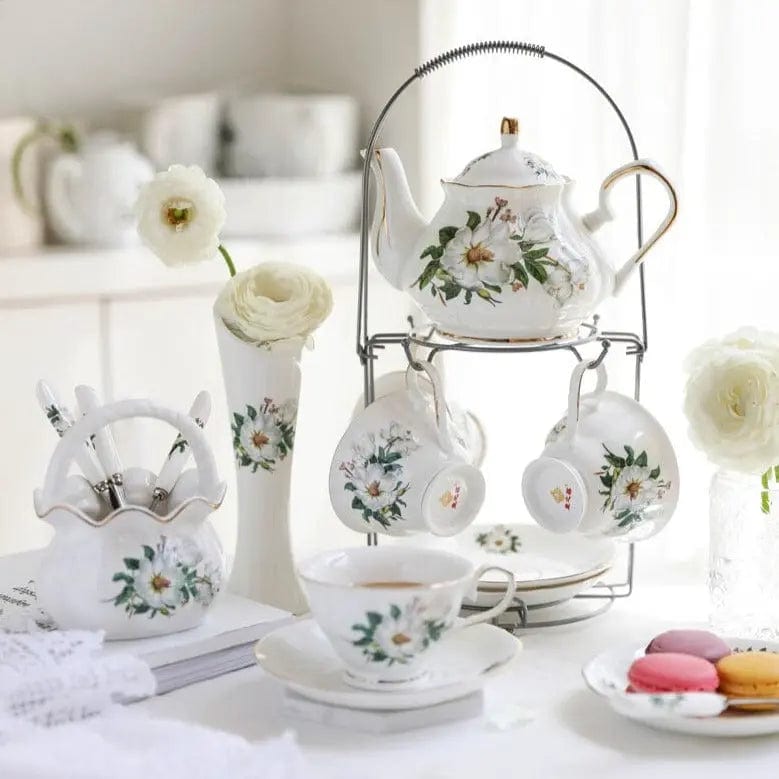 Engelse witte bloemen porseleinen theeset