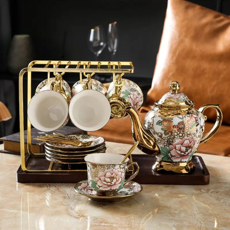Engelse witte en gouden bloemen porseleinen theeset