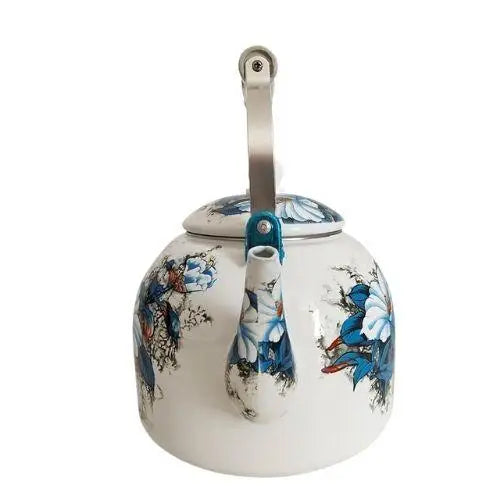 Geëmailleerde waterketel 5 liter met blauwe bloemen