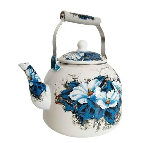 Geëmailleerde waterketel 5 liter met blauwe bloemen