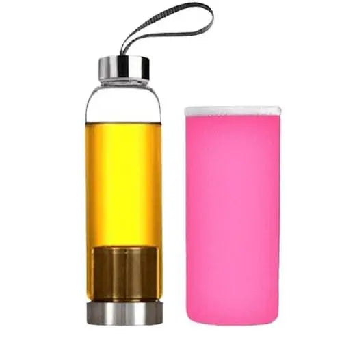 Glazen theefles 550 ml met infuser en roze hoes