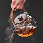 Glazen theepot 1,1 liter met stoominfuser en houten handgreep