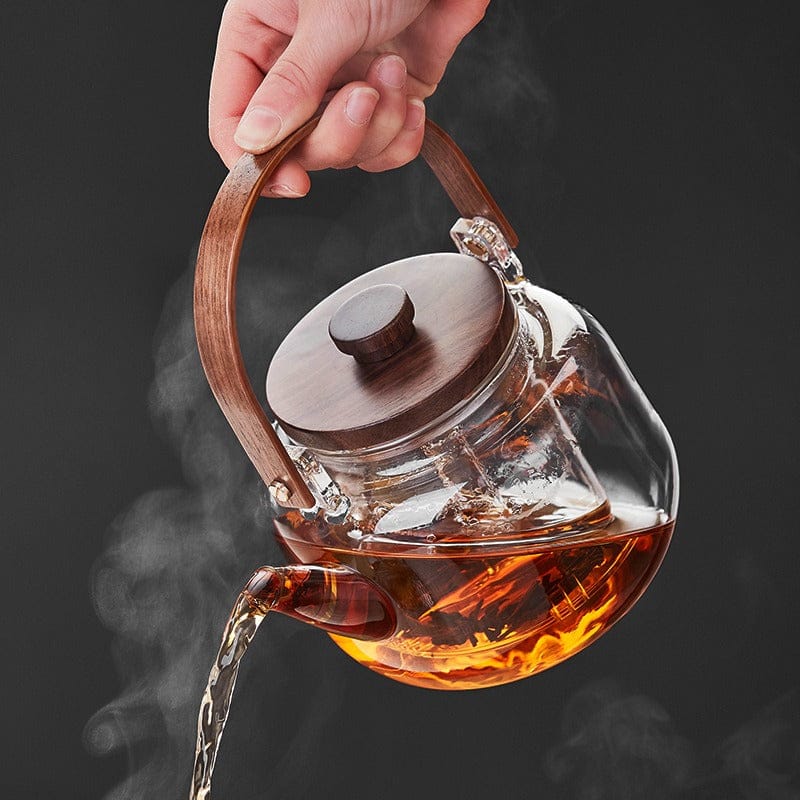 Glazen theepot 1,1 liter met stoominfuser en houten handgreep