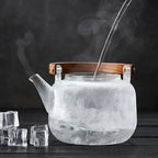 Glazen theepot 1,1 liter met stoominfuser en houten handgreep