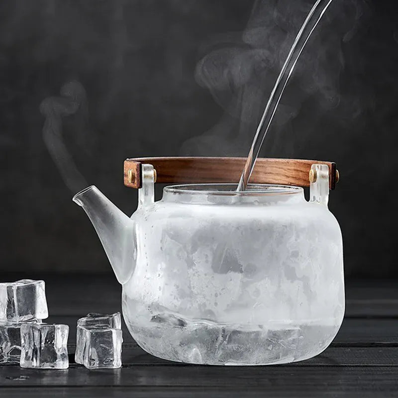Glazen theepot 1,1 liter met stoominfuser en houten handgreep