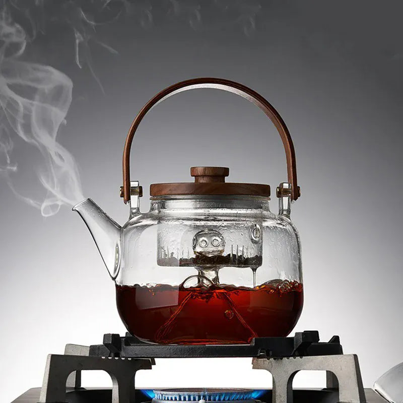Glazen theepot 1,1 liter met stoominfuser en houten handgreep