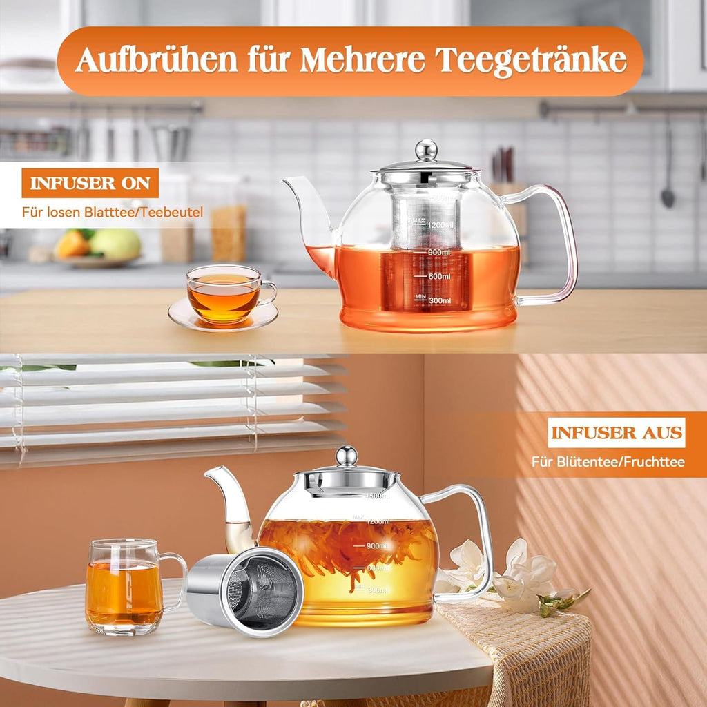 Glazen theepot 1,5L met infuser en filter – hittebestendige theepot voor losse thee