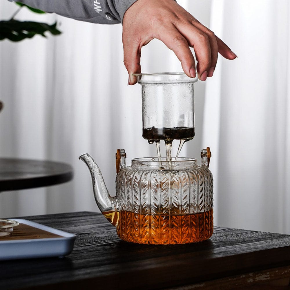 Glazen theepot 1 liter met infuser en houten handgreep