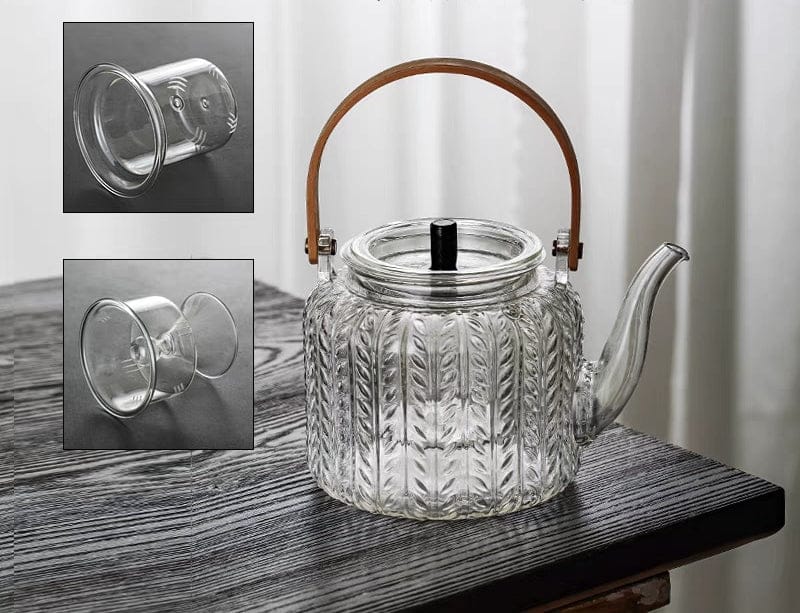 Glazen theepot 1 liter met infuser en houten handgreep