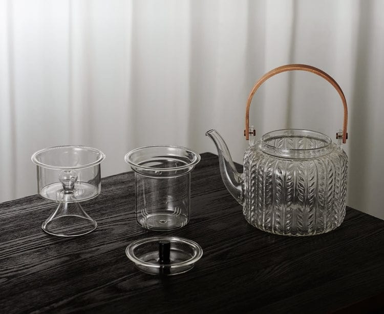 Glazen theepot 1 liter met infuser en houten handgreep