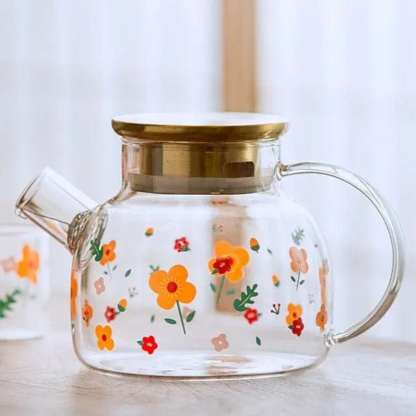 Glazen theepot met gouden deksel en bloemenpatroon 1L - 1,7L