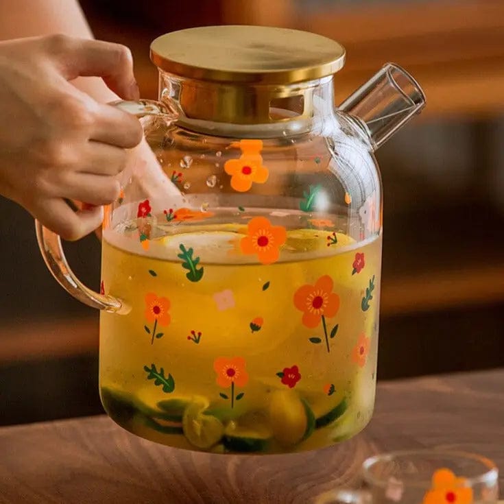 Glazen theepot met gouden deksel en bloemenpatroon 1L - 1,7L