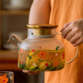 Glazen theepot met gouden deksel en bloemenpatroon 1L - 1,7L