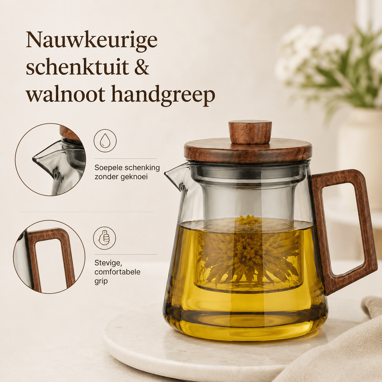 Glazen theepot met infuser en walnoot handgreep – 500 & 700 ml
