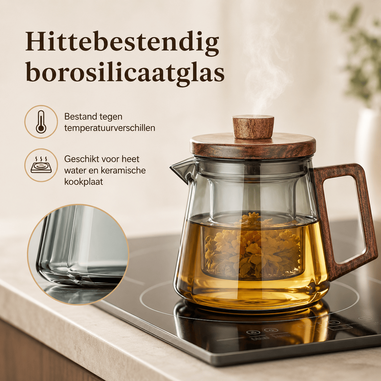Glazen theepot met infuser en walnoot handgreep – 500 & 700 ml