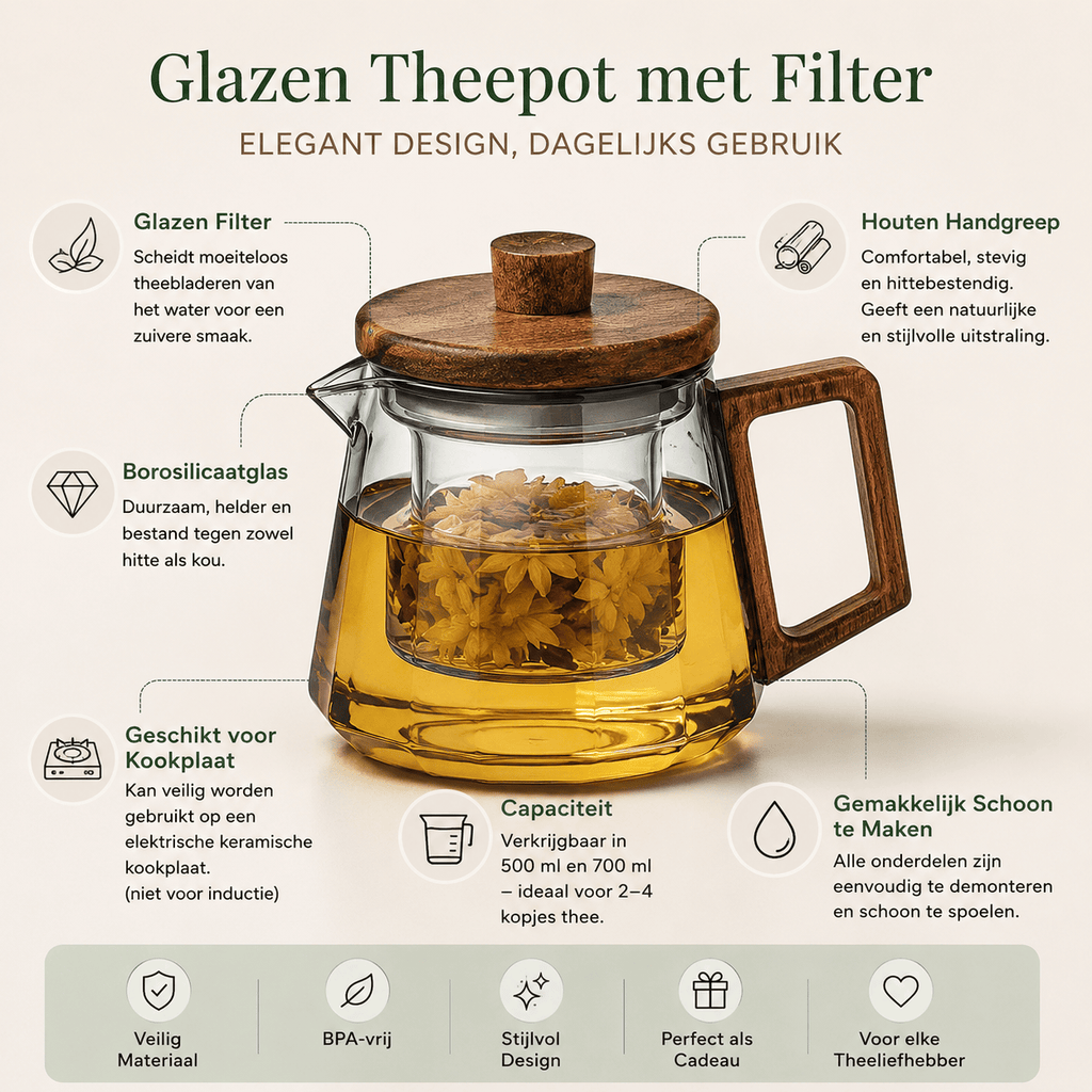 Glazen theepot met infuser en walnoot handgreep – 500 & 700 ml