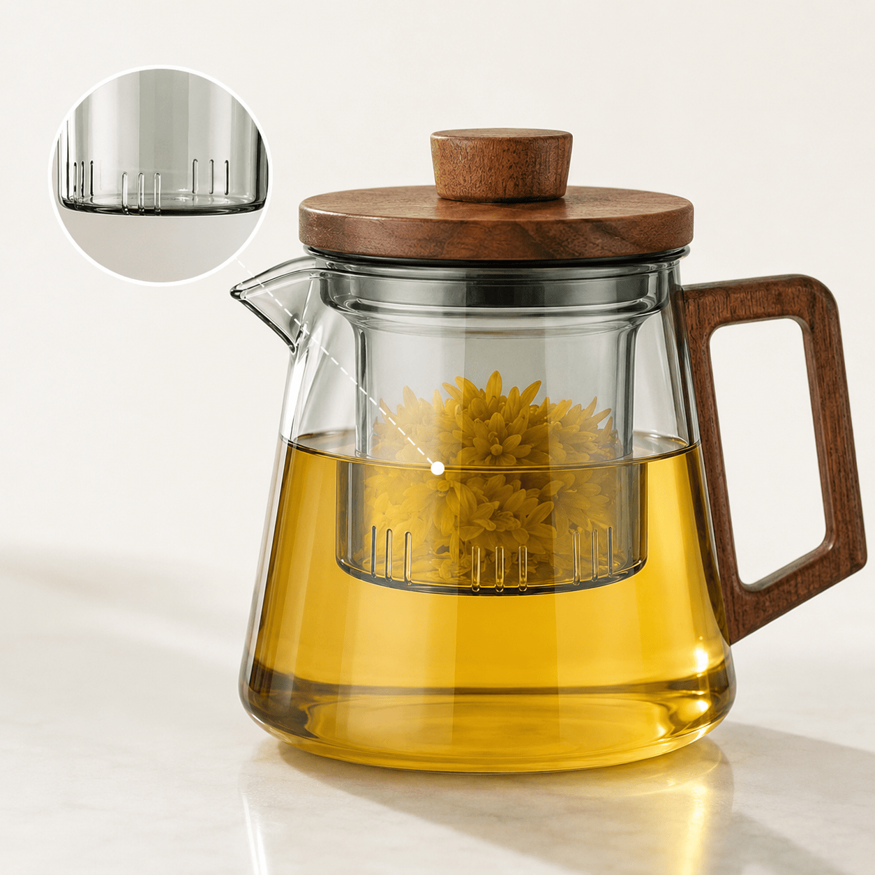 Glazen theepot met infuser en walnoot handgreep – 500 & 700 ml