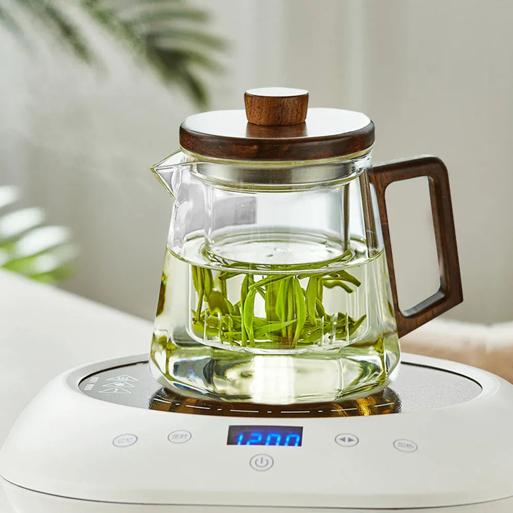 Glazen theepot met infuser en walnoothouten handgreep – 500 of 700 ml