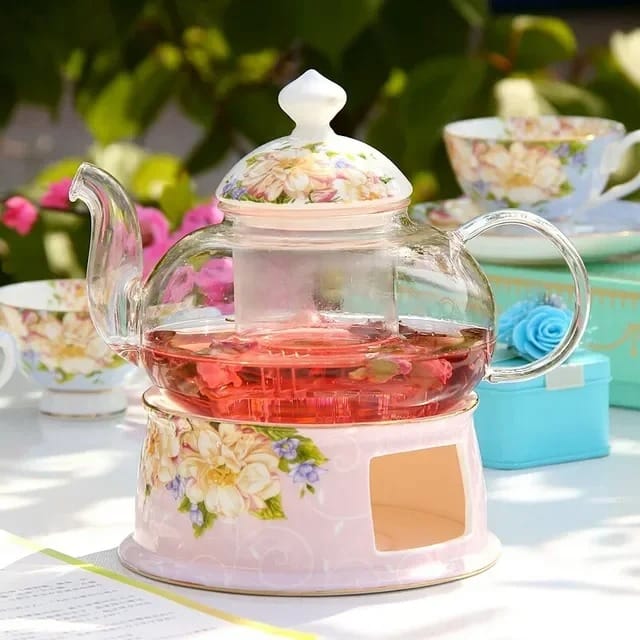 Glazen theepot met warmhouder 600 ml en roze bloemen – romantische theepotset