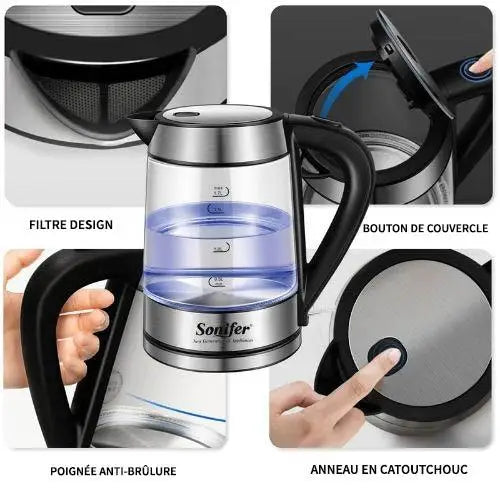 Glazen waterkoker 1,7 liter met zwarte RVS accenten
