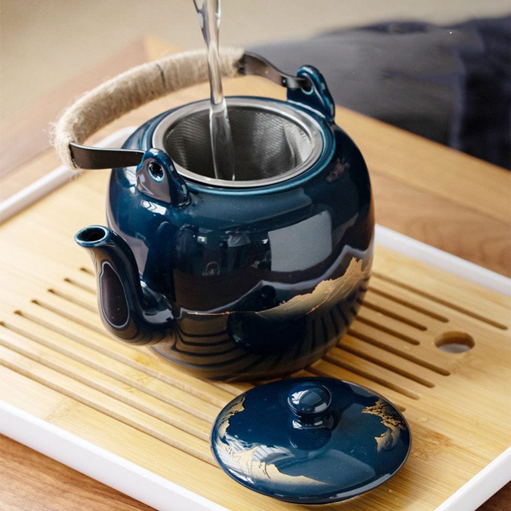 Japans blauw landschap theeservies met dienblad – theepot 820 ml en 6 kopjes
