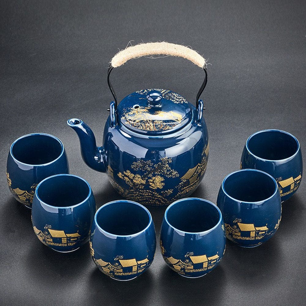 Japans blauw landschap theeservies met dienblad – theepot 820 ml en 6 kopjes