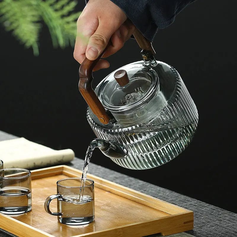 Japanse glazen theepot met vierkante houten handgreep 1,2L
