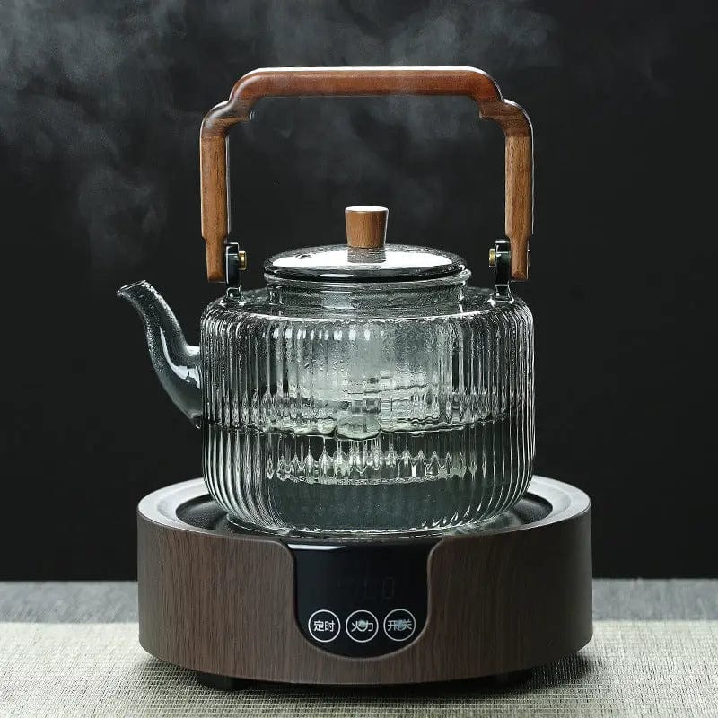 Japanse glazen theepot met vierkante houten handgreep 1,2L
