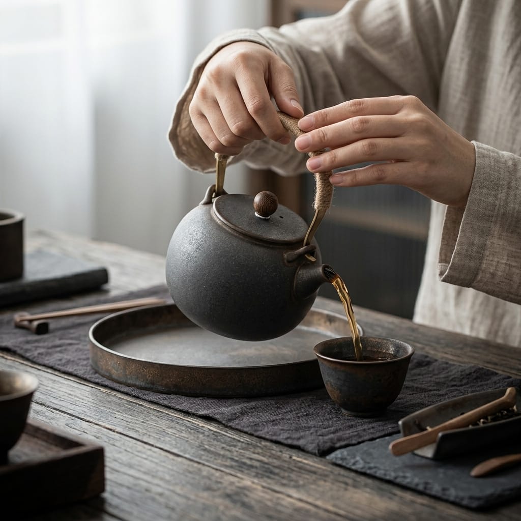 Japanse keramische theepot 475 ml met vintage design en handvat met touw