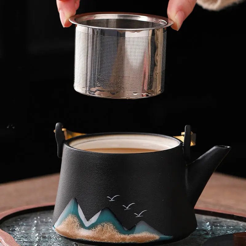 Japanse keramische theeset met bergmotieven – theepot 360 ml en 4 kopjes