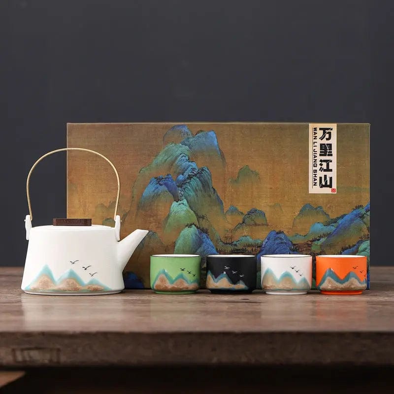 Japanse keramische theeset met bergmotieven – theepot 360 ml en 4 kopjes