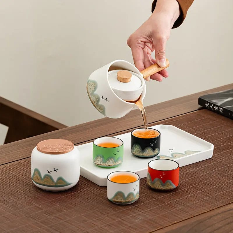 Japanse keramische theeset met draaibare theepot 250 ml en 4 kopjes