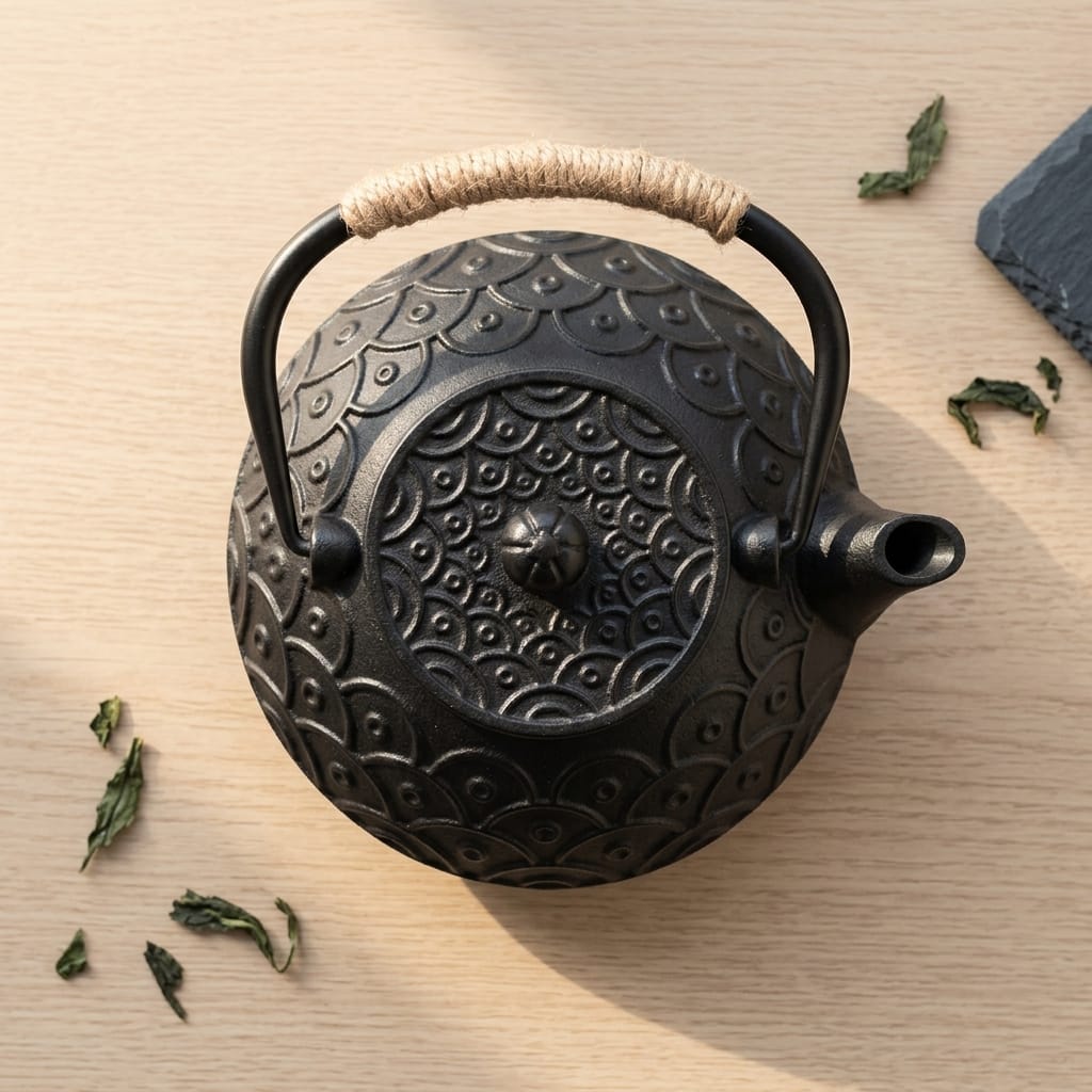 Japanse platte gietijzeren theepot 900 ml met cirkelpatroon
