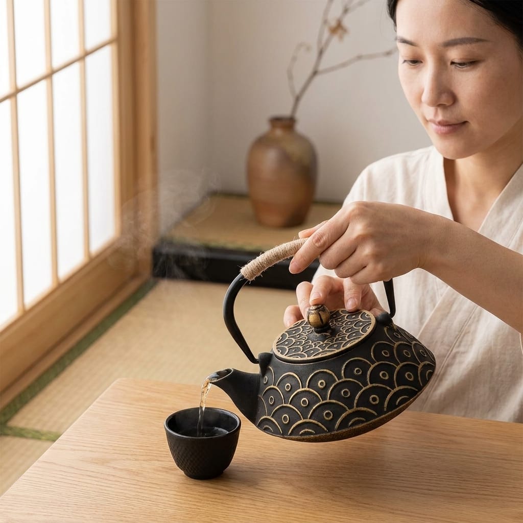 Japanse platte gietijzeren theepot 900 ml met cirkelpatroon
