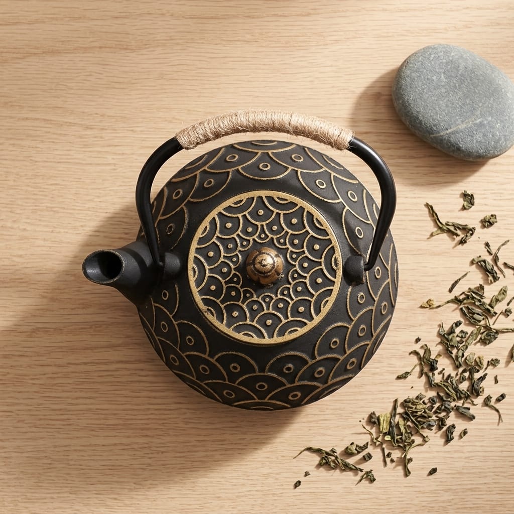 Japanse platte gietijzeren theepot 900 ml met cirkelpatroon