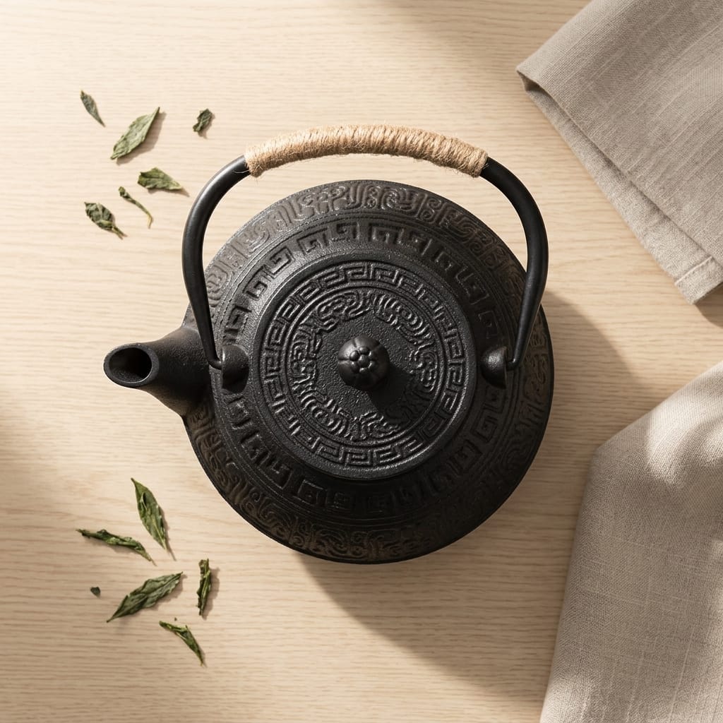Japanse platte gietijzeren theepot 900 ml zwart met geometrisch motief